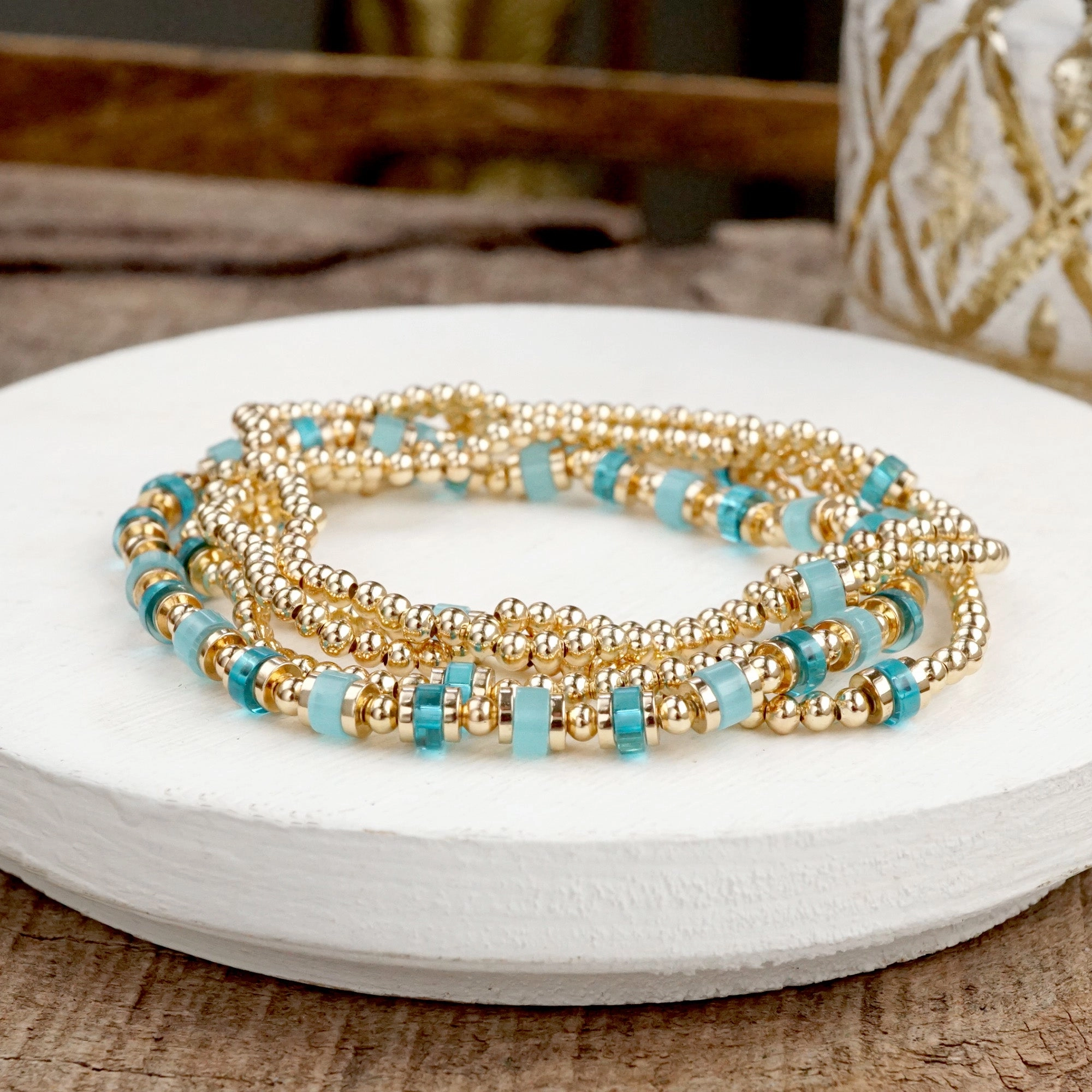 Aqua Glow ?C Beaded Bracelet Stack in Gold and Cool Blues (Set of 5) Forever Perspective Honored Blend