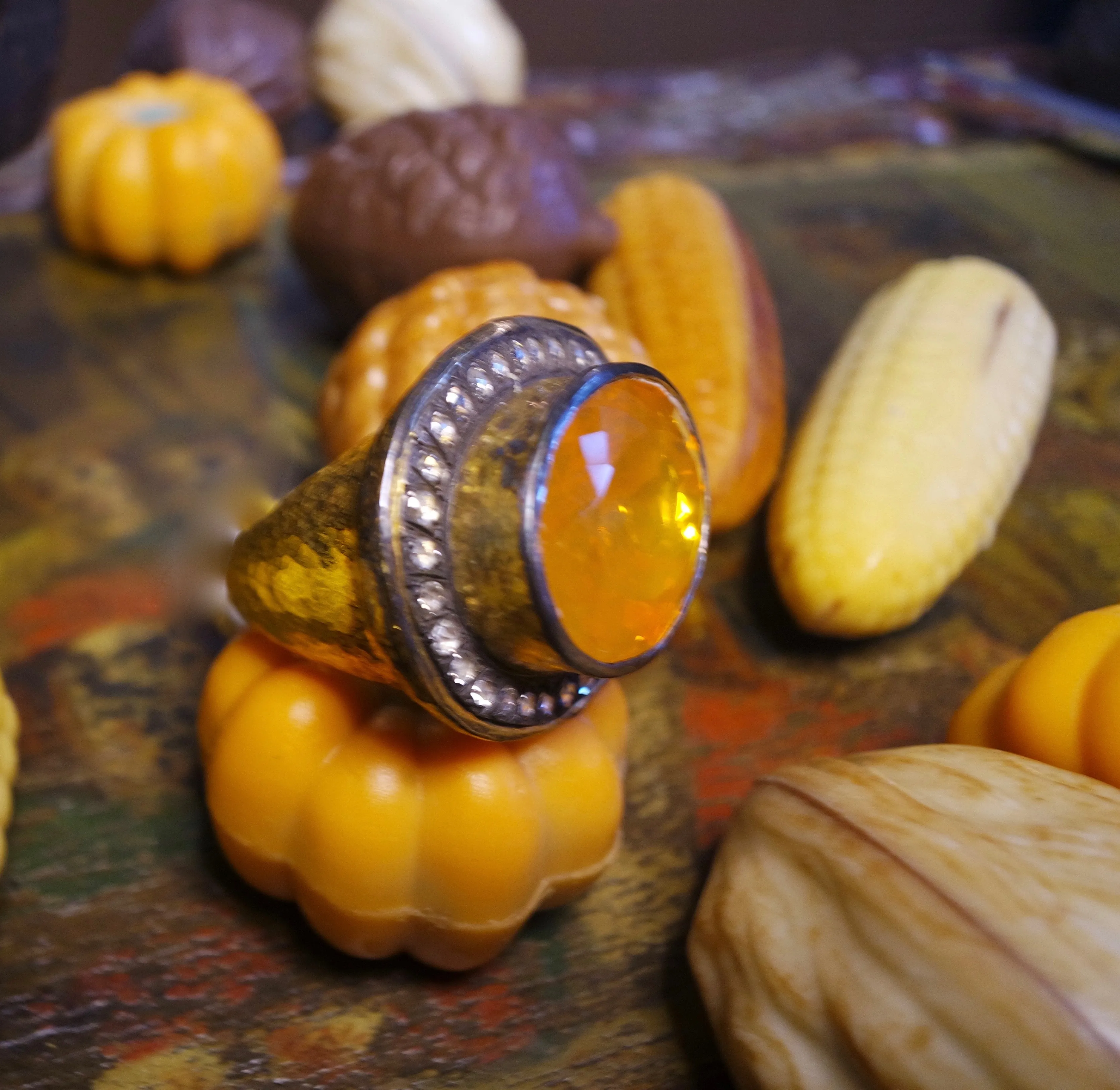 ARA 24K Collection Large Oval  Mexican Fire Opal and Diamond Ring in 24K Gold
