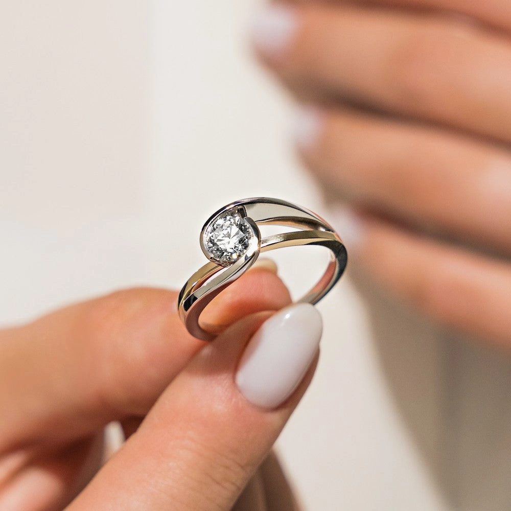 Aria Round Lab Grown Diamond Tension-Inspired Bezel Solitaire Engagement Ring Shiny Expression Sentimental Embellishment