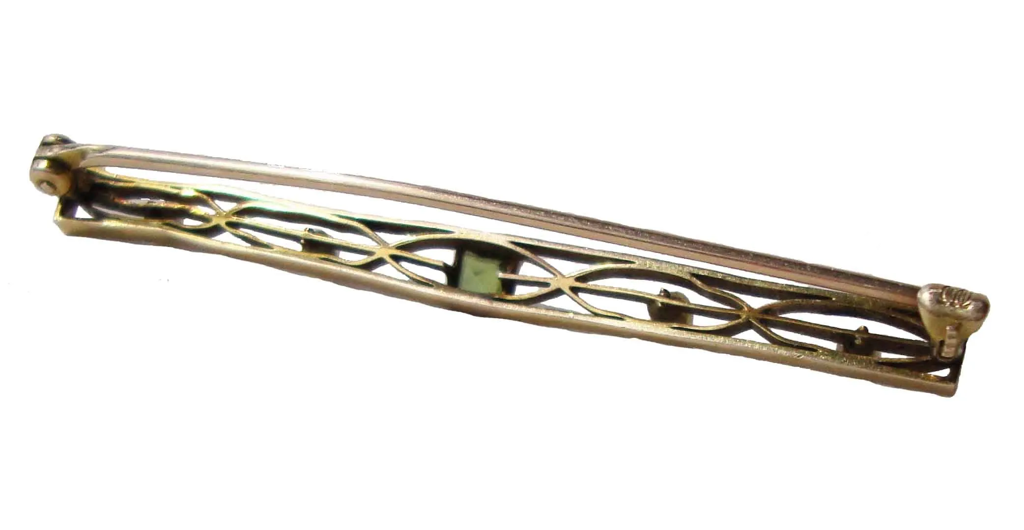 Art Deco 10K Gold & Peridot Brooch w/ Seed Pearls Bar Pin