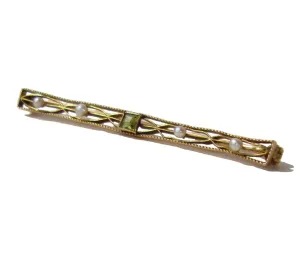 Art Deco 10K Gold & Peridot Brooch w/ Seed Pearls Bar Pin