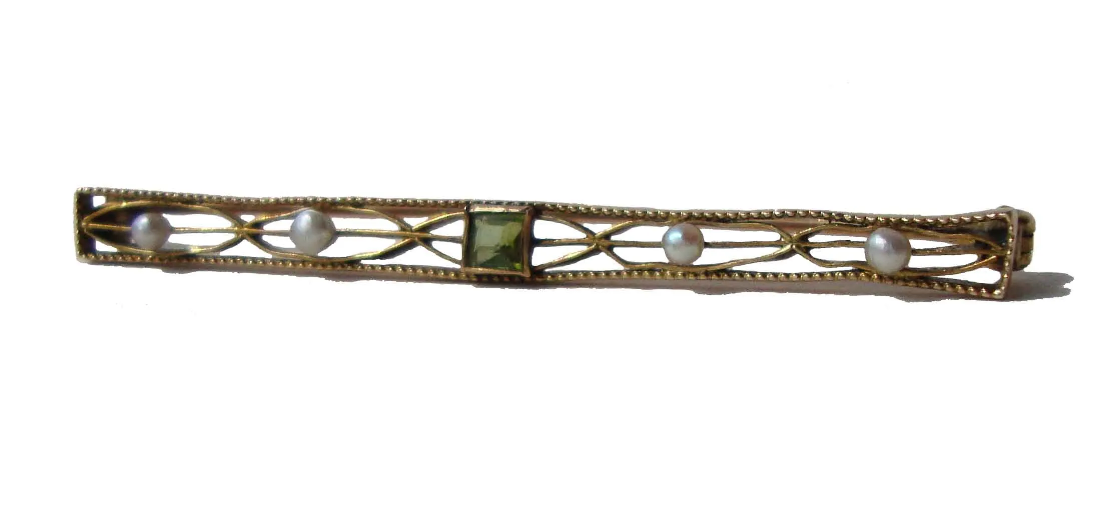 Art Deco 10K Gold & Peridot Brooch w/ Seed Pearls Bar Pin
