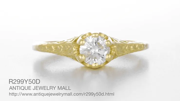 Art Deco 1/2 Carat Crown of Leaves Filigree Solitaire Diamond Engagement Ring in Yellow Gold