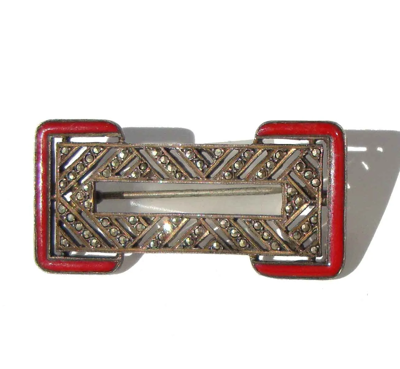 Art Deco Brooch French Silver Marcasites & Red Enamel Pin