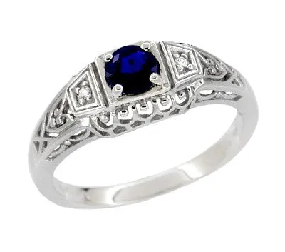 Art Deco Filigree Blue Sapphire Promise Ring in Sterling Silver with Side Diamonds