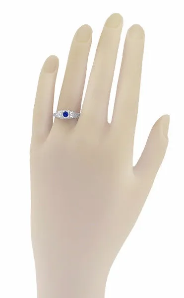 Art Deco Filigree Blue Sapphire Promise Ring in Sterling Silver with Side Diamonds