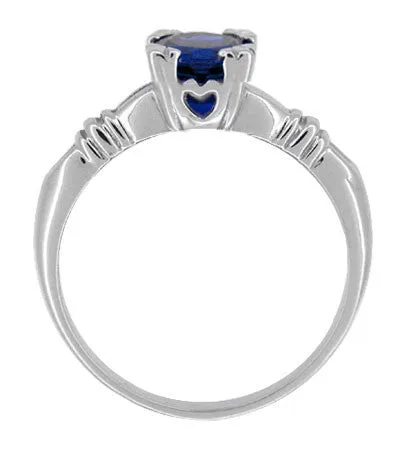 Art Deco Hearts and Clovers 1 Carat Blue Sapphire Promise Ring Solitaire in Sterling Silver