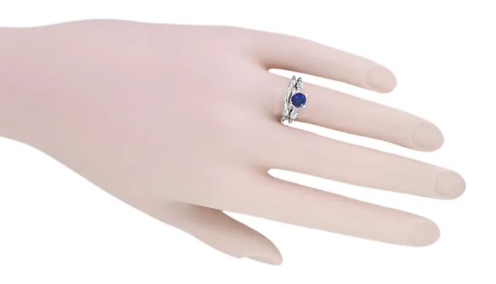 Art Deco Hearts and Clovers 1 Carat Blue Sapphire Promise Ring Solitaire in Sterling Silver