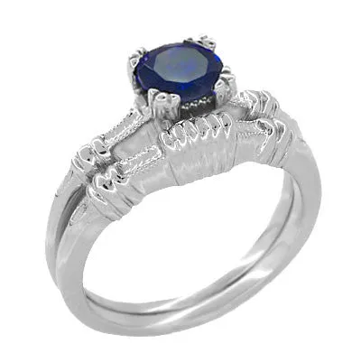 Art Deco Hearts and Clovers 1 Carat Blue Sapphire Promise Ring Solitaire in Sterling Silver