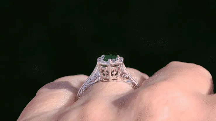 Art Deco Hexagon Emerald Filigree Engagement Ring in 14 Karat White Gold
