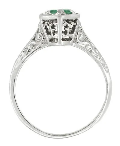 Art Deco Hexagon Emerald Filigree Engagement Ring in 14 Karat White Gold