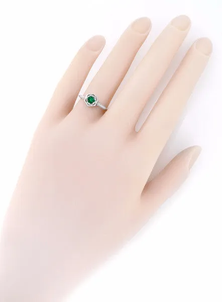 Art Deco Hexagon Emerald Filigree Engagement Ring in 14 Karat White Gold