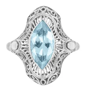 Art Deco Marquise Blue Topaz Filigree Cocktail Ring in Sterling Silver