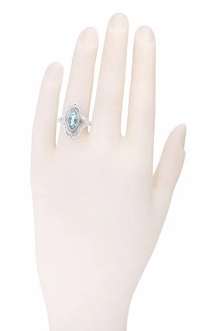Art Deco Marquise Blue Topaz Filigree Cocktail Ring in Sterling Silver
