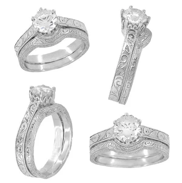 Art Deco Platinum 1.50 - 1.75 Carat Crown Engagement Ring Setting with Scroll Engraving for a Round Stone 7mm - 8mm