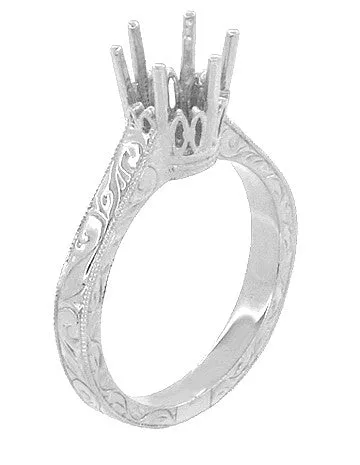 Art Deco Platinum 1.50 - 1.75 Carat Crown Engagement Ring Setting with Scroll Engraving for a Round Stone 7mm - 8mm