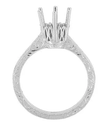 Art Deco Platinum 1.50 - 1.75 Carat Crown Engagement Ring Setting with Scroll Engraving for a Round Stone 7mm - 8mm