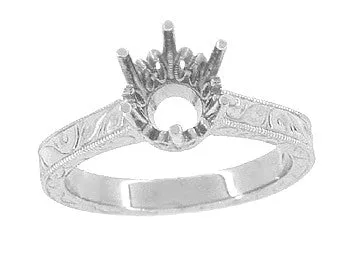 Art Deco Platinum 1.50 - 1.75 Carat Crown Engagement Ring Setting with Scroll Engraving for a Round Stone 7mm - 8mm