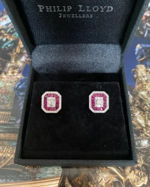 Art Deco Style Ruby and Diamond Cluster Earrings 18ct White Gold 0.51ct   1.66ct