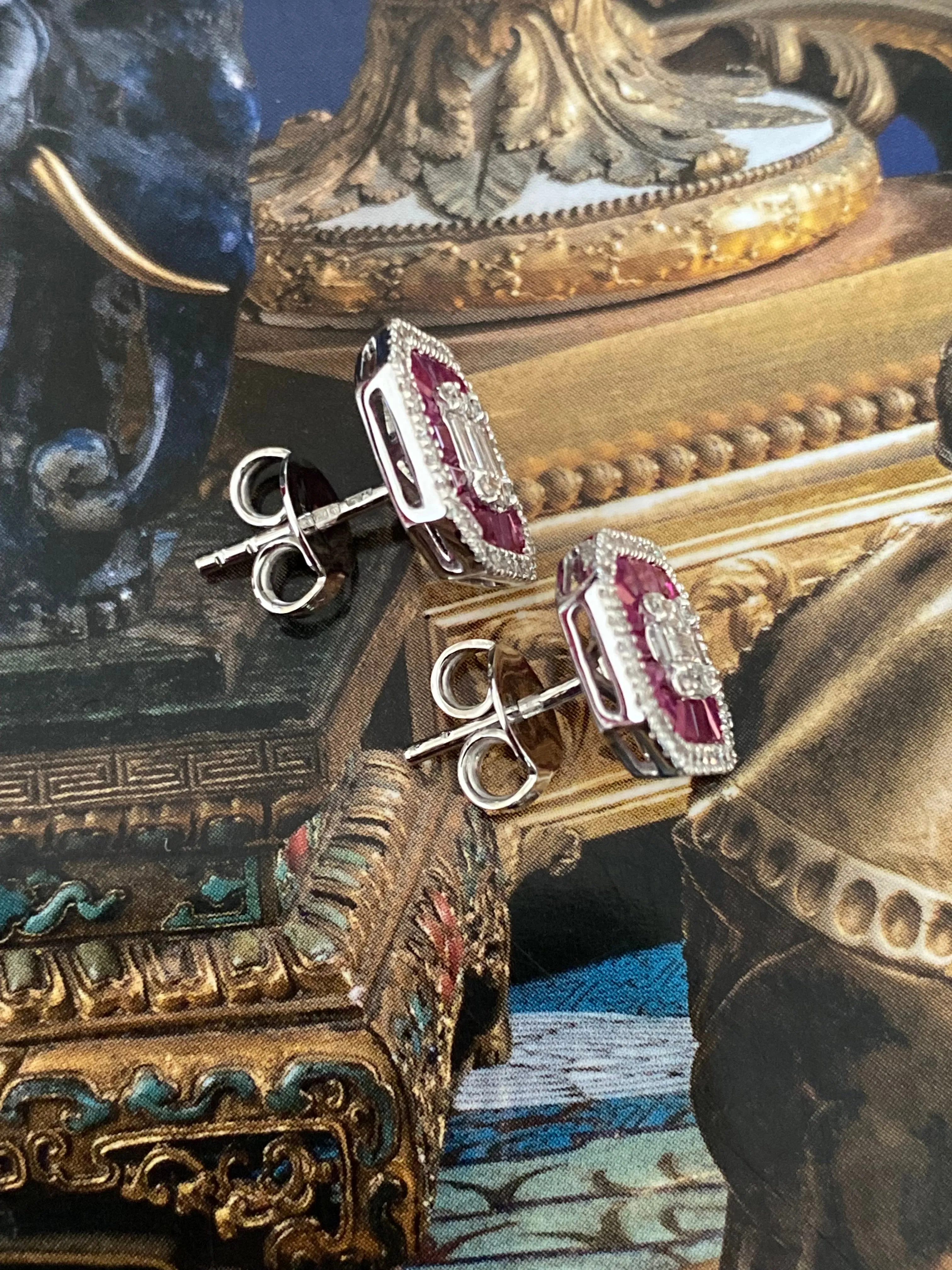 Art Deco Style Ruby and Diamond Cluster Earrings 18ct White Gold 0.51ct   1.66ct