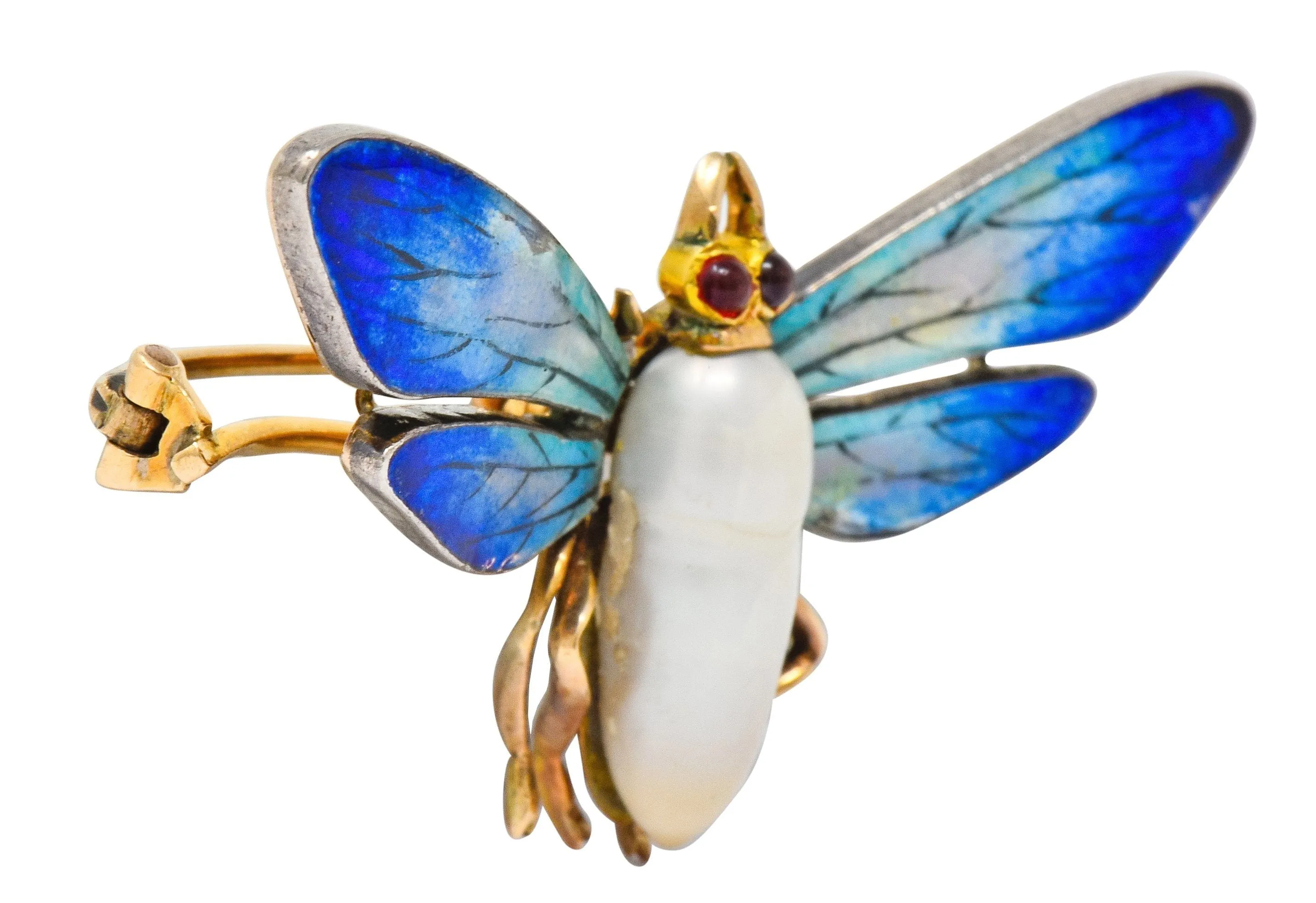 Art Nouveau Enamel Baroque Pearl 14 Karat Gold Butterfly Brooch