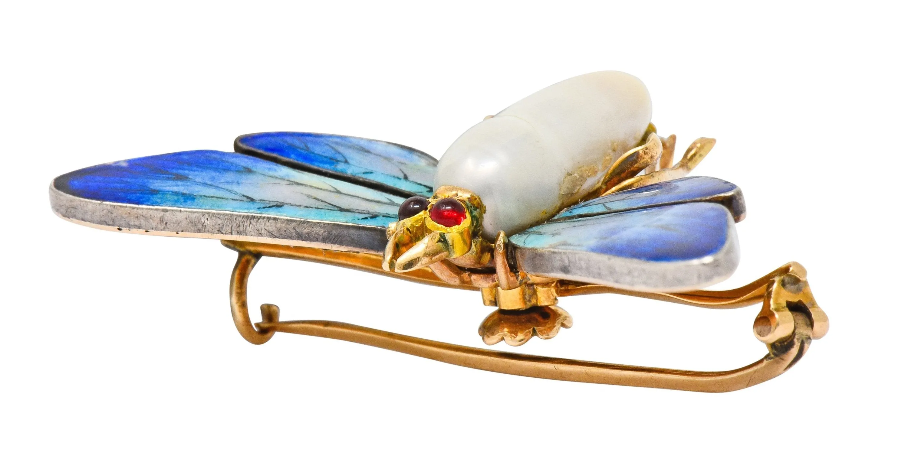 Art Nouveau Enamel Baroque Pearl 14 Karat Gold Butterfly Brooch