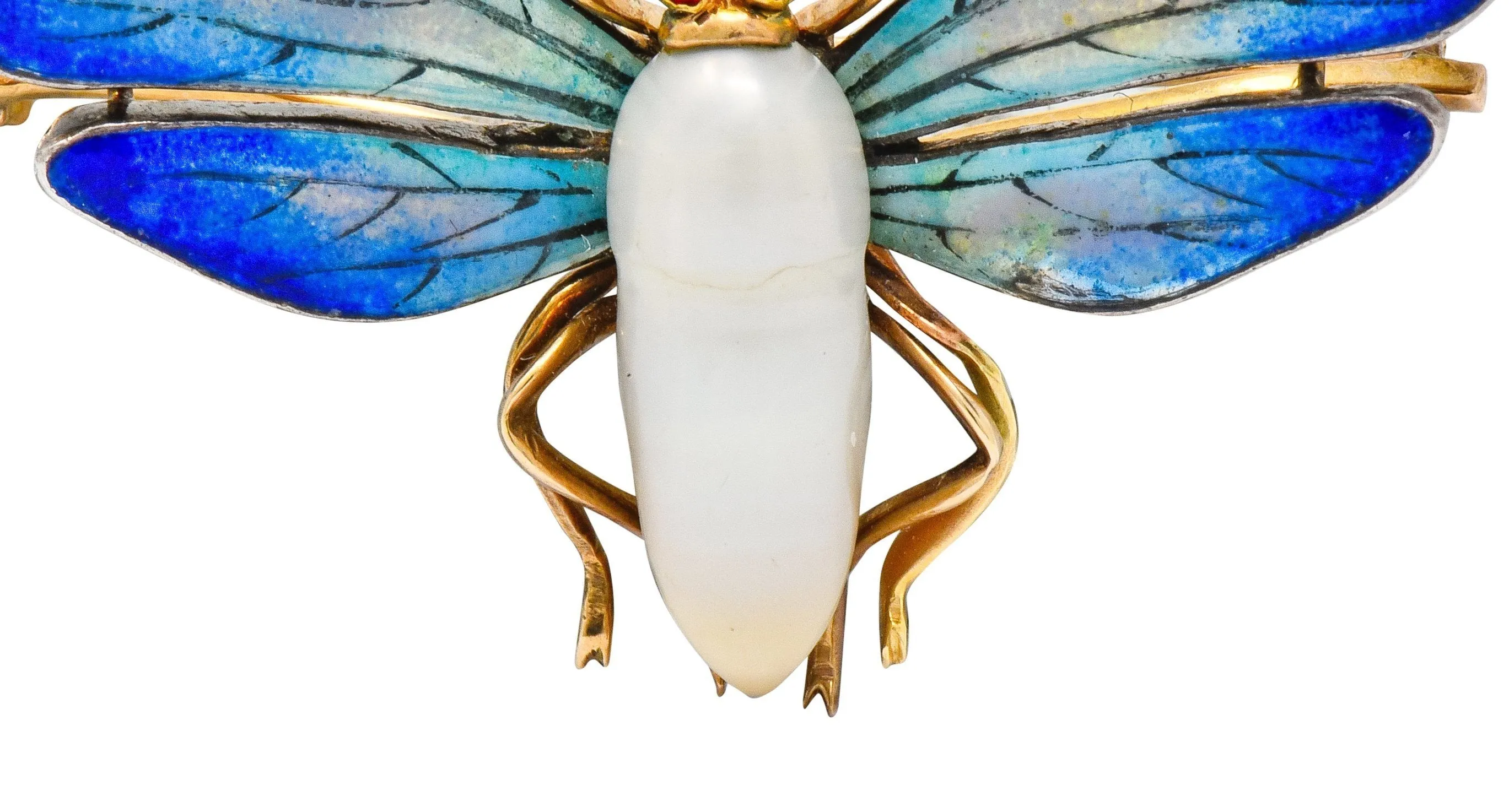 Art Nouveau Enamel Baroque Pearl 14 Karat Gold Butterfly Brooch