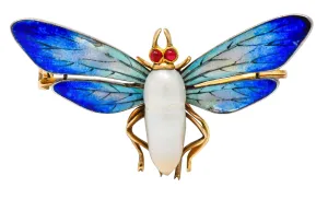 Art Nouveau Enamel Baroque Pearl 14 Karat Gold Butterfly Brooch