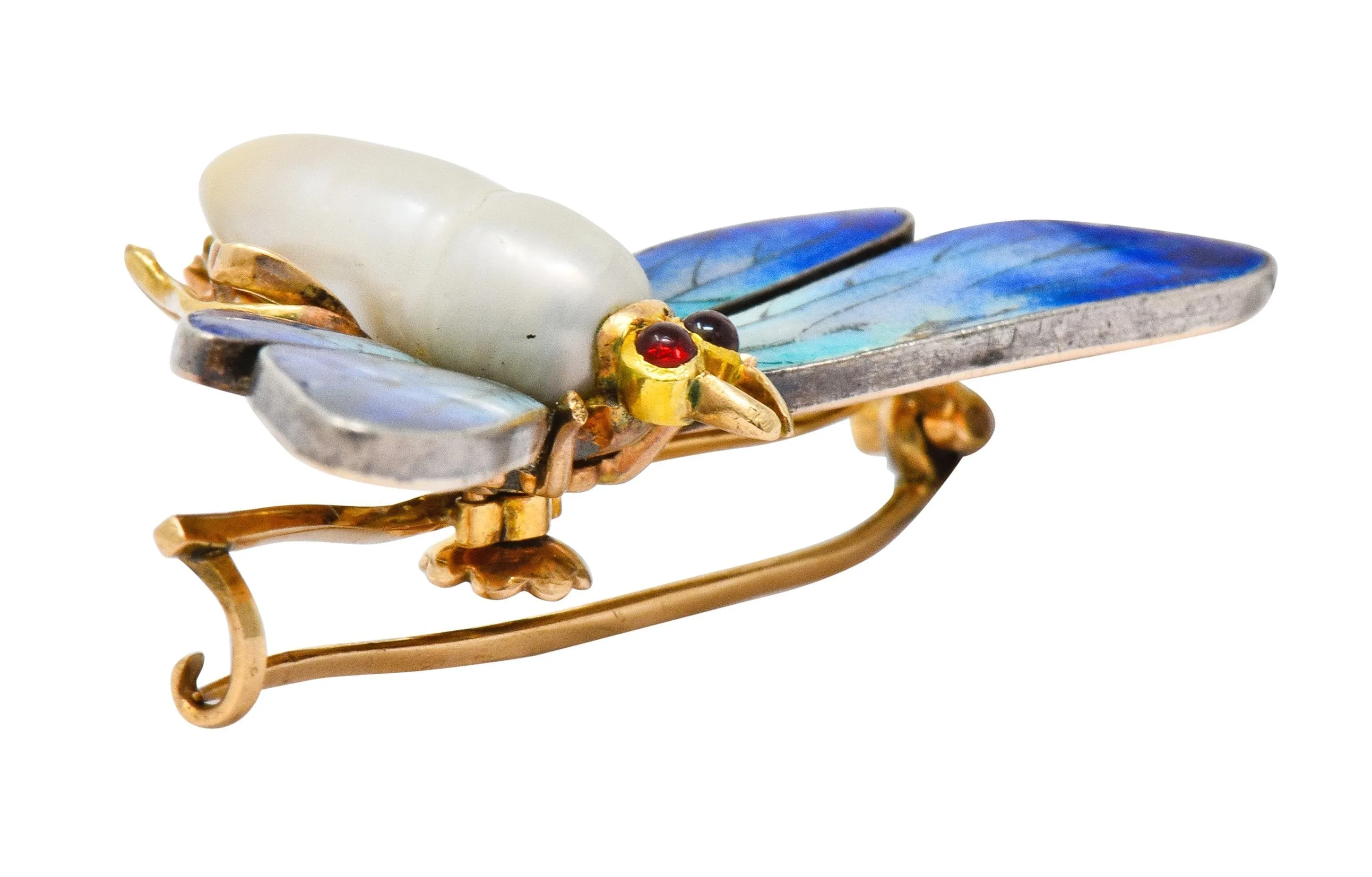 Art Nouveau Enamel Baroque Pearl 14 Karat Gold Butterfly Brooch