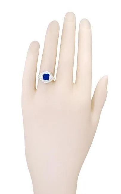 Art Nouveau Princess Cut Sapphire Ring in Sterling Silver