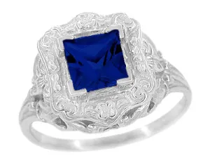 Art Nouveau Princess Cut Sapphire Ring in Sterling Silver