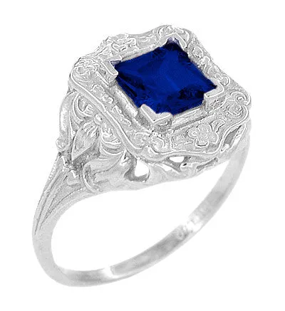 Art Nouveau Princess Cut Sapphire Ring in Sterling Silver