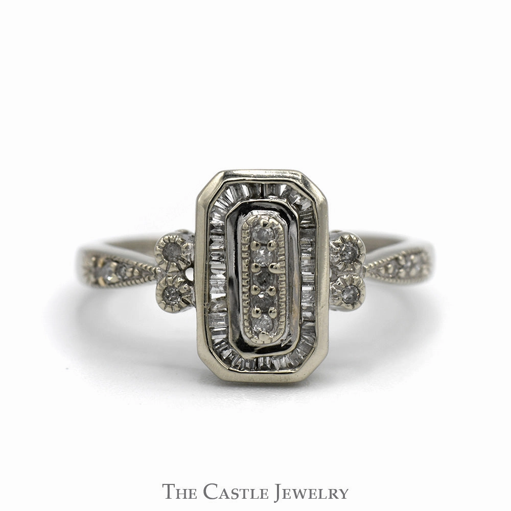 Clean Accent Designer Label Art Deco Inspired 1/4cttw Diamond Engagement Ring with Baguette and Round Accents in 10k White Gold