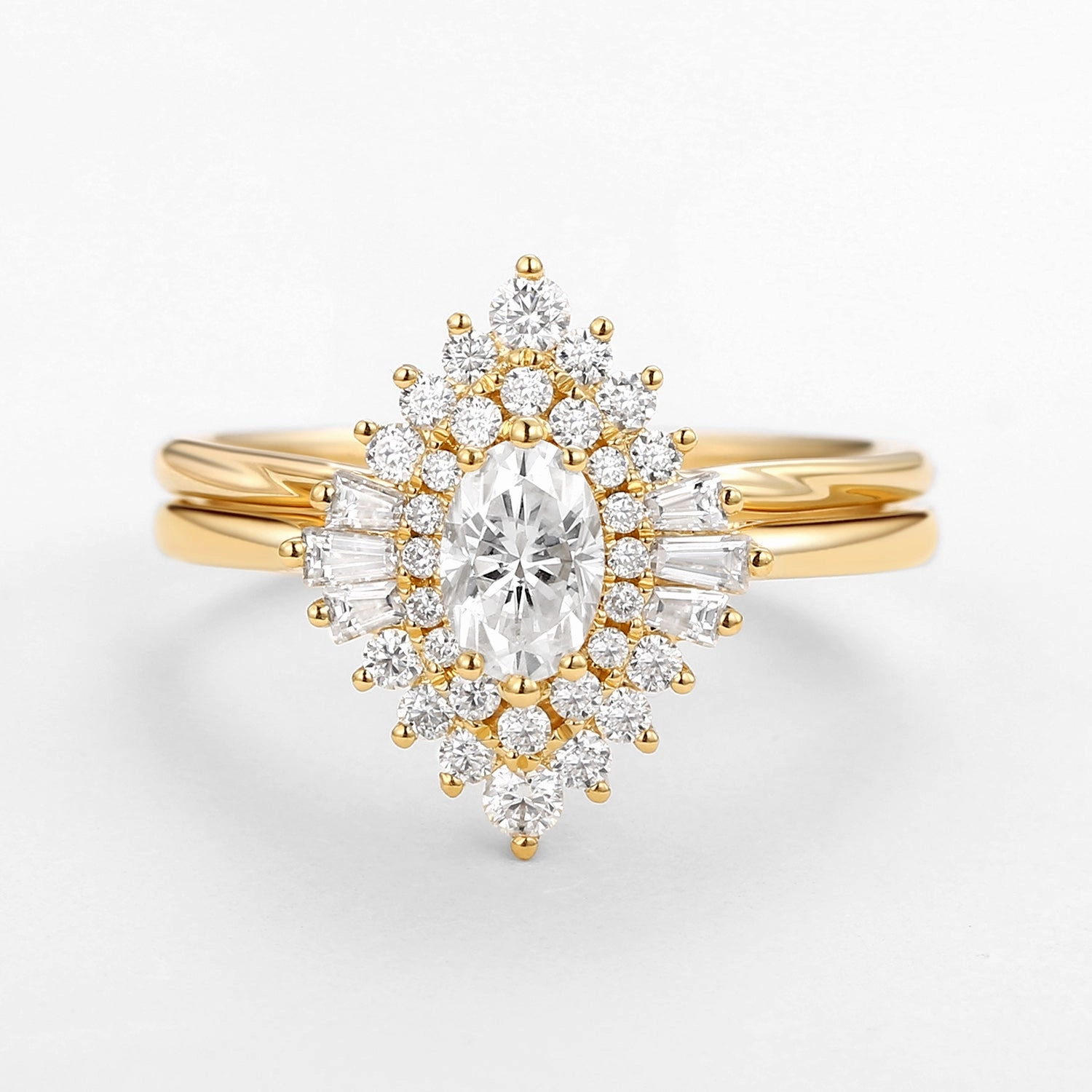 Bright Highlight Everyday Charm Art Deco Moissanite Minimalist Halo Ring Set 2pcs - Valerie