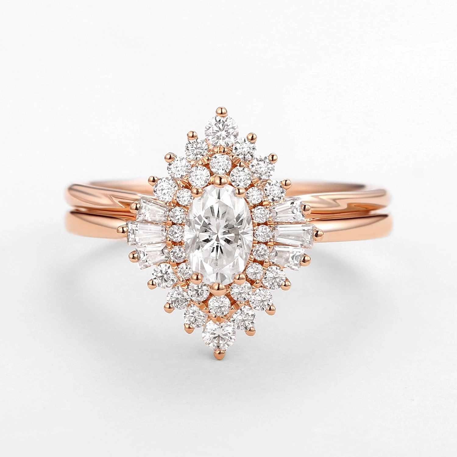 Artisan Made Evening Gift Art Deco Moissanite Minimalist Halo Ring Set 2pcs - Valerie