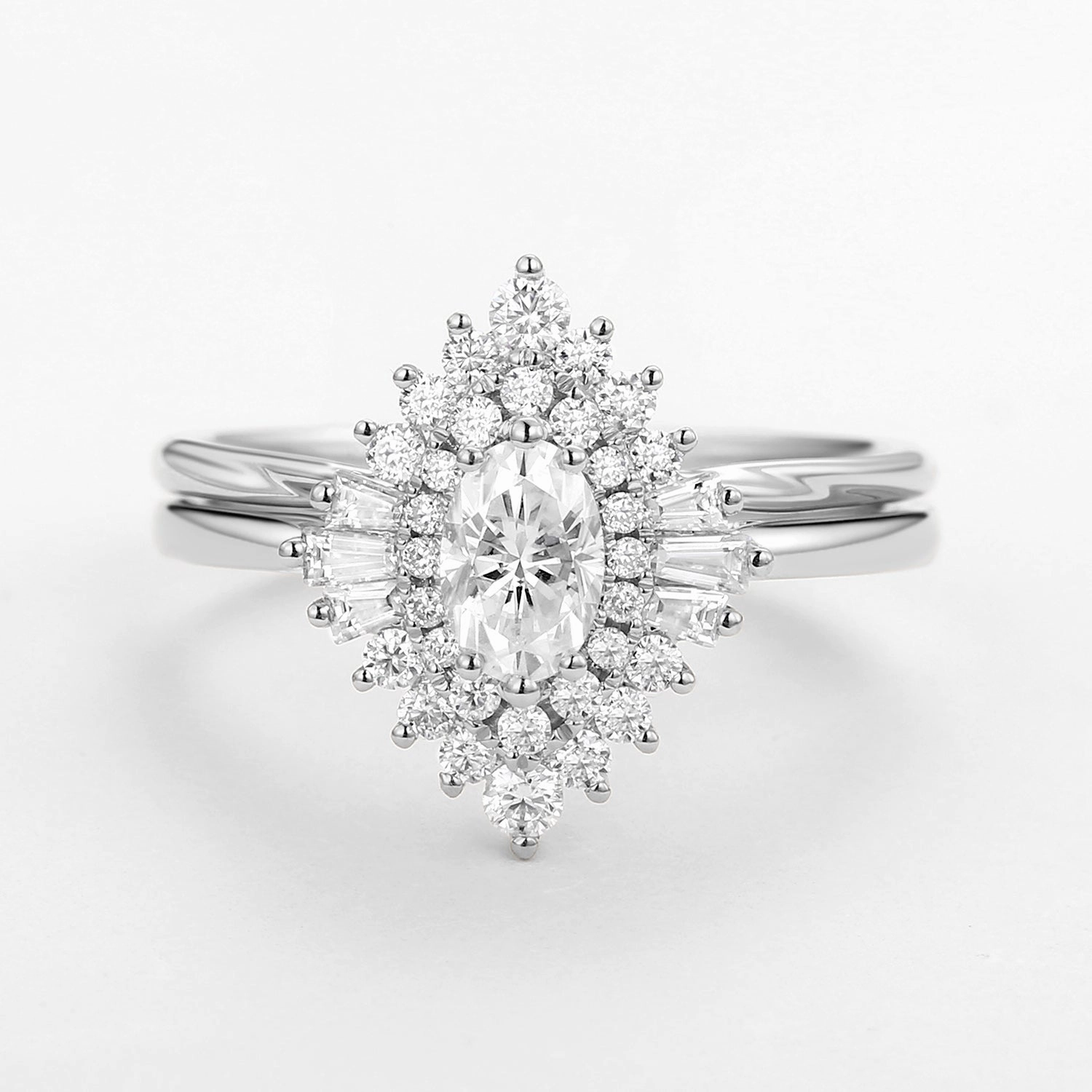 Art Deco Moissanite Minimalist Halo Ring Set 2pcs - Valerie Neutral Spark Radiant Radiance