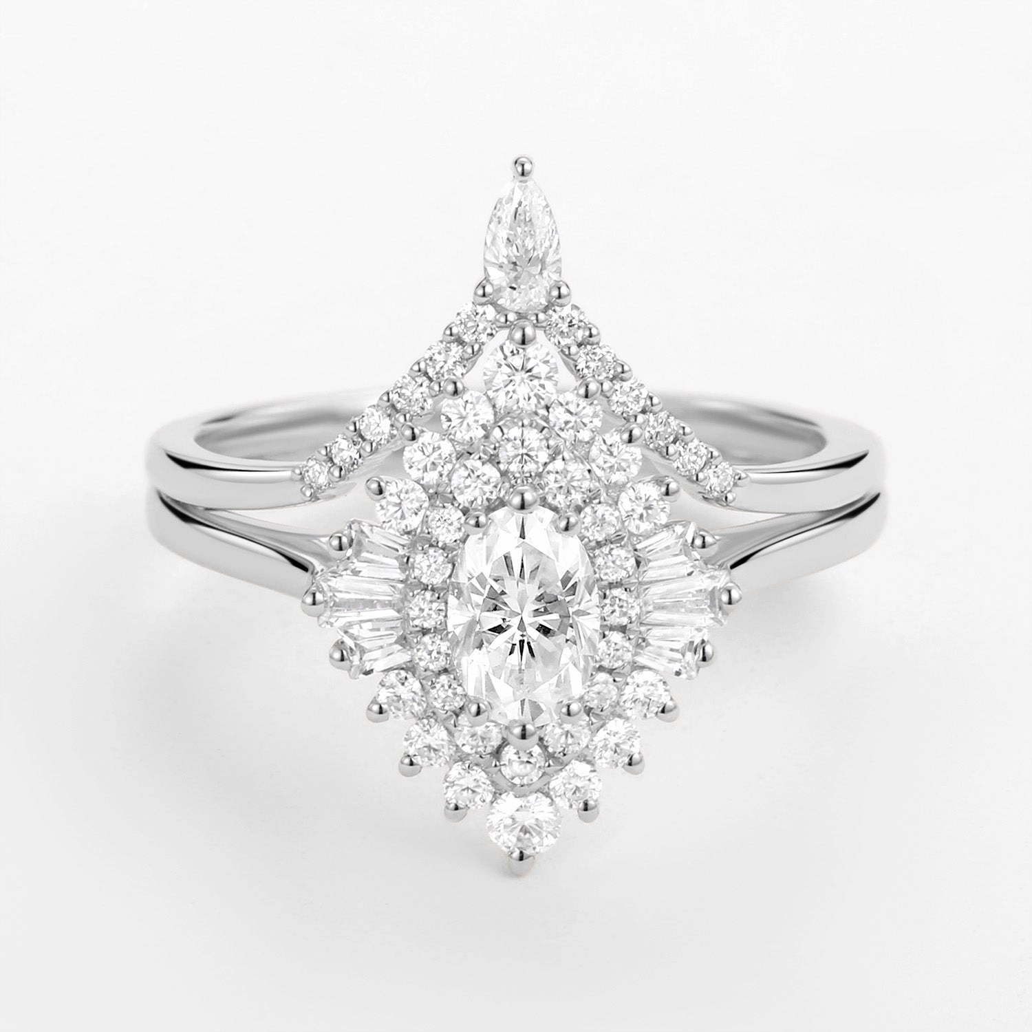 Shiny Finish Casual Chic Art Deco Oval Cut Moissanite Minimalist Pointed Halo Ring Set 2pcs