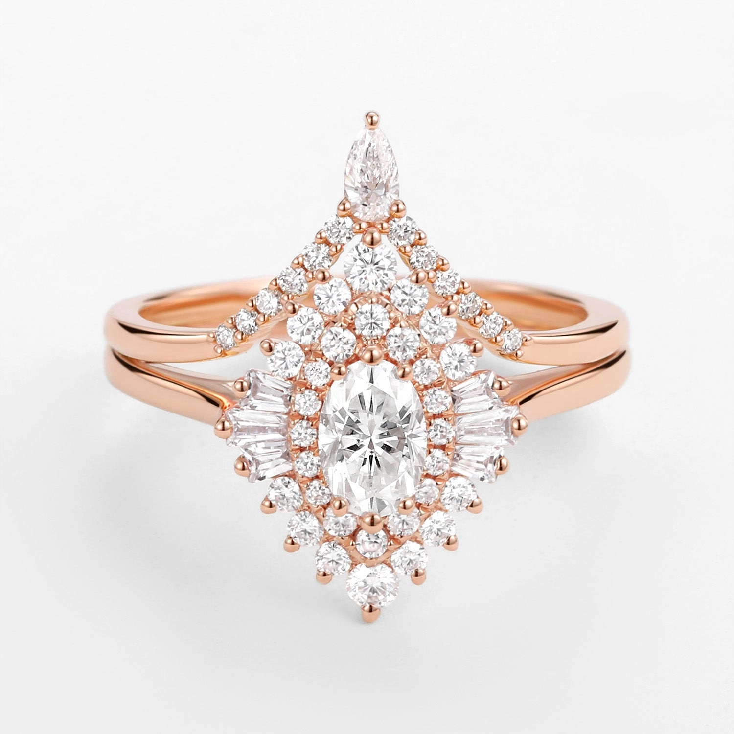 Candid Shot Art Deco Oval Cut Moissanite Minimalist Pointed Halo Ring Set 2pcs