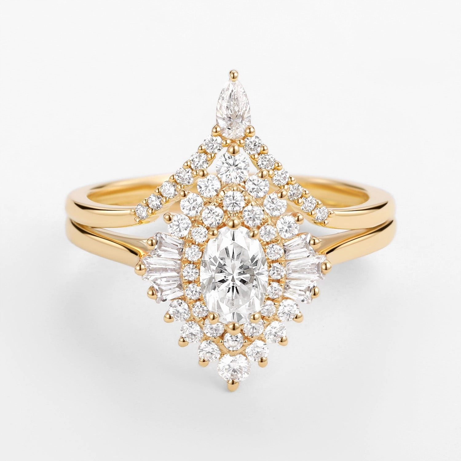 Elegant Spark Art Deco Oval Cut Moissanite Minimalist Pointed Halo Ring Set 2pcs