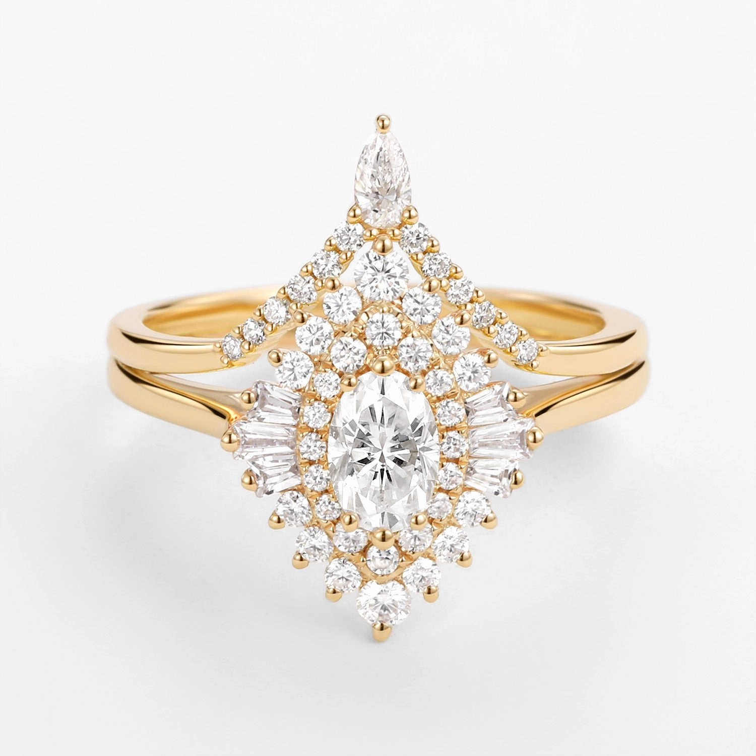 Fashion Forward Seasonal Pairing Art Deco Oval Cut Moissanite Minimalist Pointed Halo Ring Set 2pcs