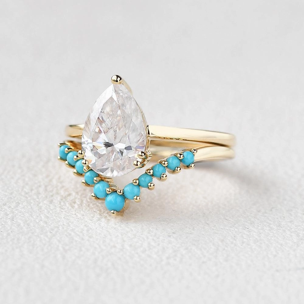 Daily Collection Art-Deco Pear Shaped Moissanite & Turquoise Ring Set 2pcs