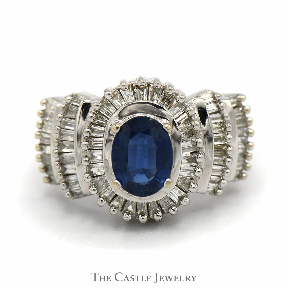 Oval Sapphire Ring with Baguette Diamond Halo and Accents in 14k White Gold Sentimental Product