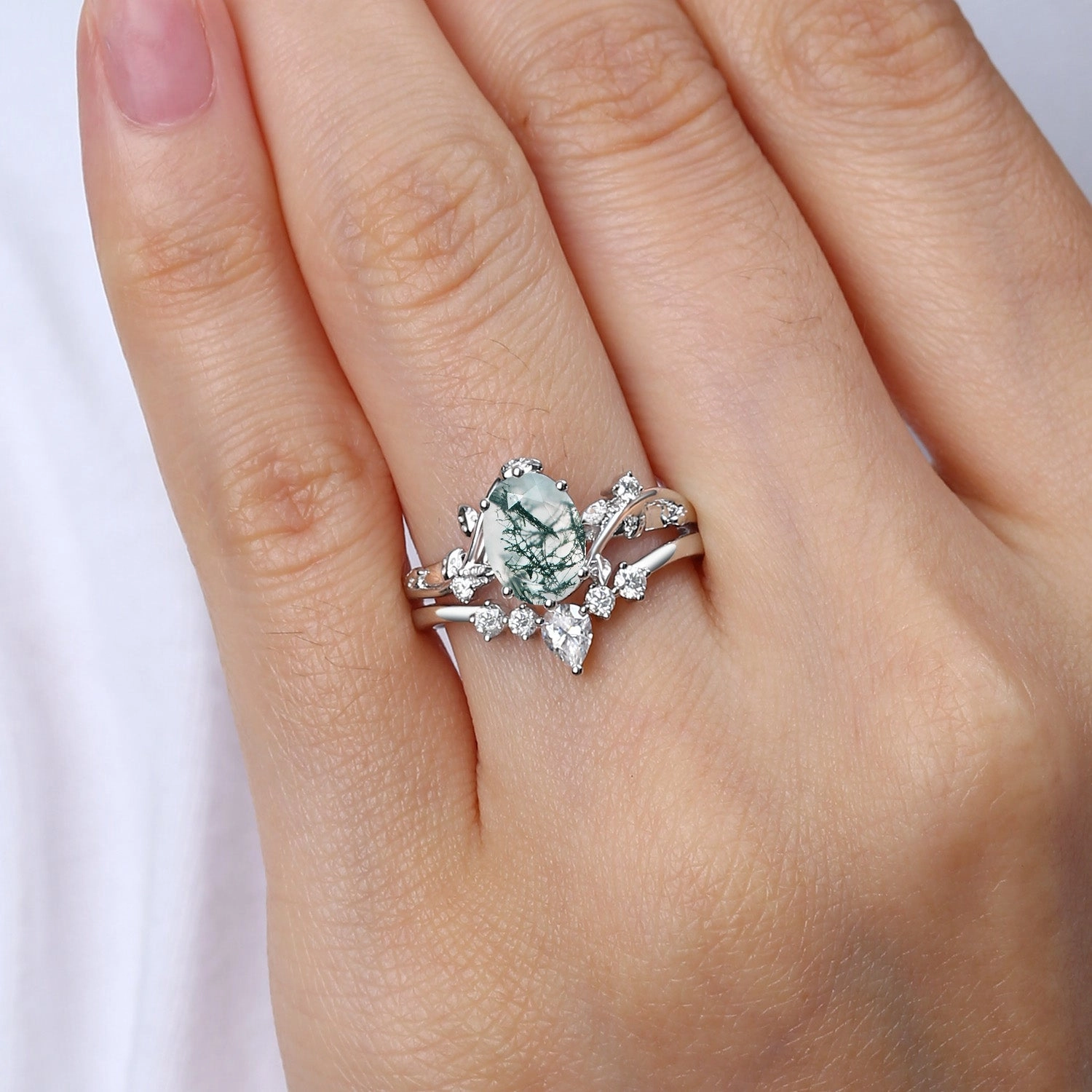 Oval Cut Leafy White Gold Moss Agate Ring Set 2pcs Vibrant Look