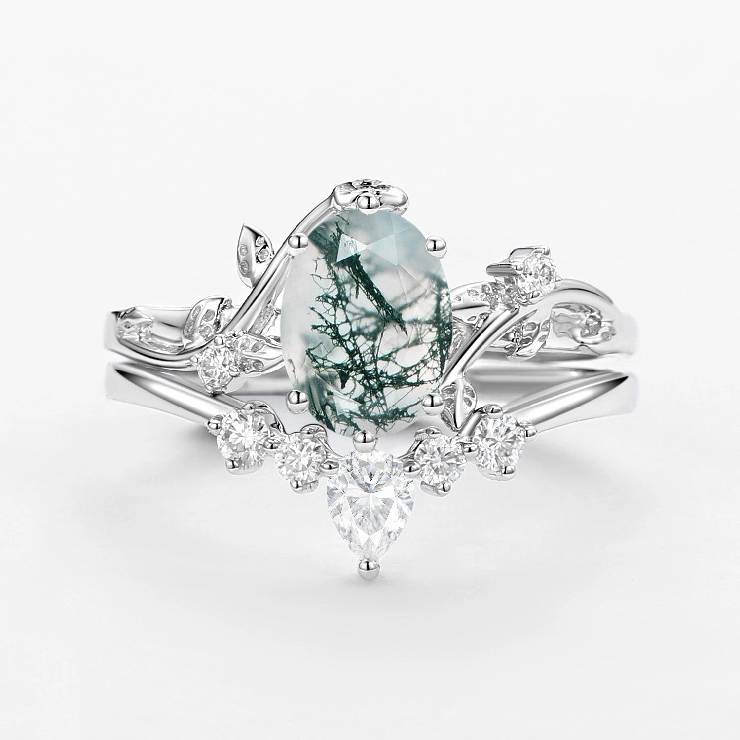 Glow Up Look Delicate Look Oval Cut Leafy White Gold Moss Agate Ring Set 2pcs