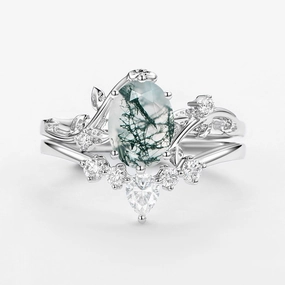 Glow Up Look Delicate Look Oval Cut Leafy White Gold Moss Agate Ring Set 2pcs