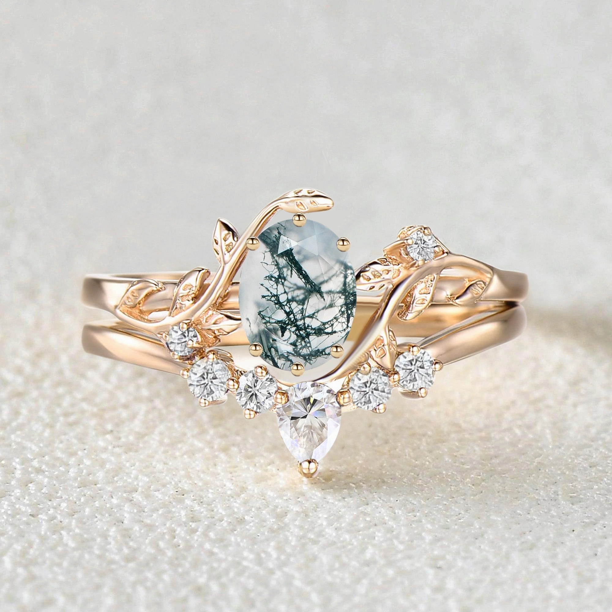 Oval Cut Leafy White Gold Moss Agate Ring Set 2pcs Outdoor Style Shining Look