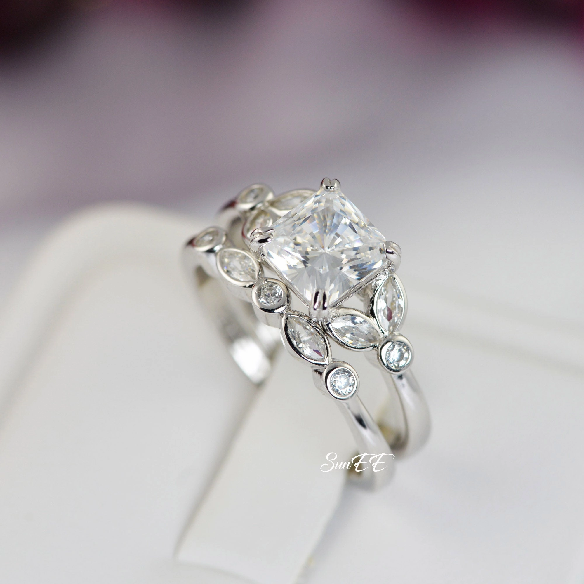 3.8ct Princess & Dainty Art Deco Bridal Wedding Engagement Ring Diamond Simulated 925 Sterling Silver Anniversary Ring SKU:00187 Chic Favorite Excellent Gift