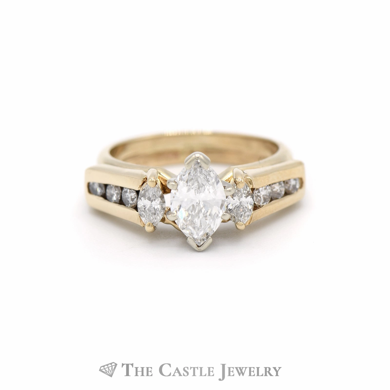 1.25CTTW Marquise Cut Bridal Set with Soldered Diamond Accents Band in 14KT Yellow Gold Glamorous Accessory Bold Creation