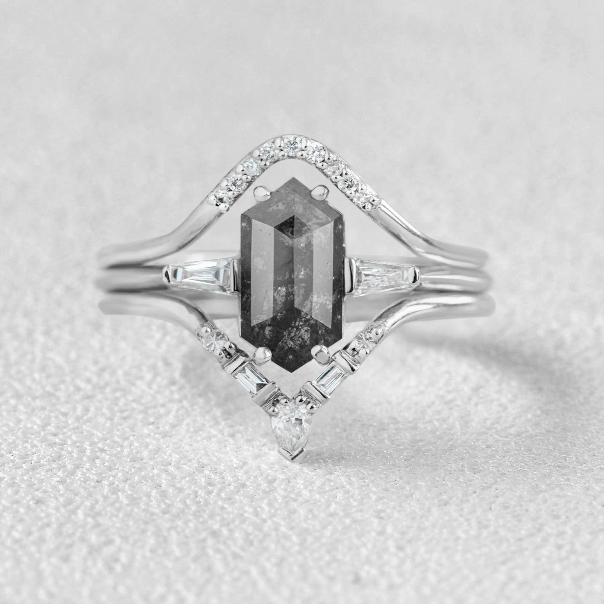Texture Play Statement Shine Long Hexagon Salt and Pepper Diamonds Vintage Ring Set 3pcs