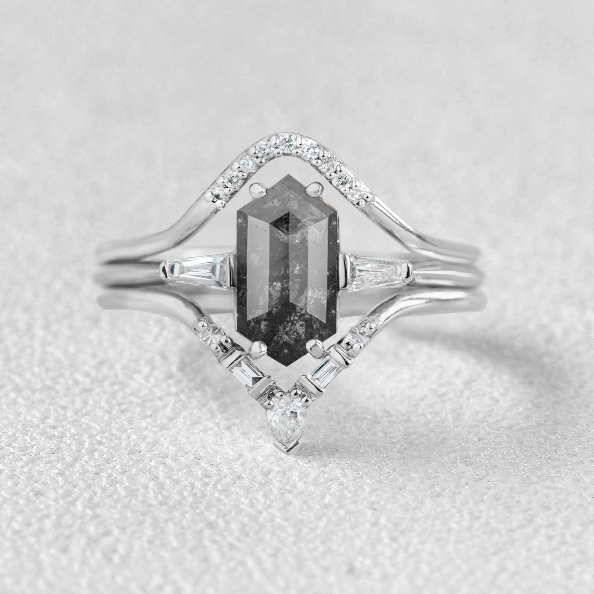 Impeccable Finish Luxury Glow Long Hexagon Salt and Pepper Diamonds Vintage Ring Set 3pcs
